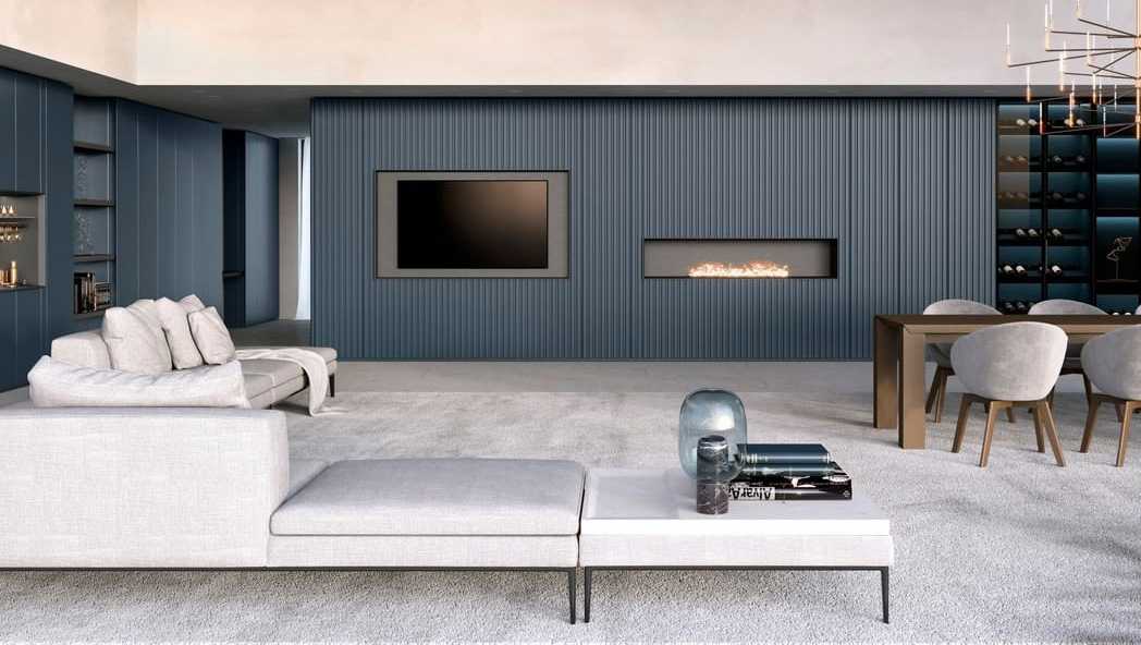 Open Concept Modern Living Room with built-in wall units. Open Concept Modern Living Room with built-in wall units.