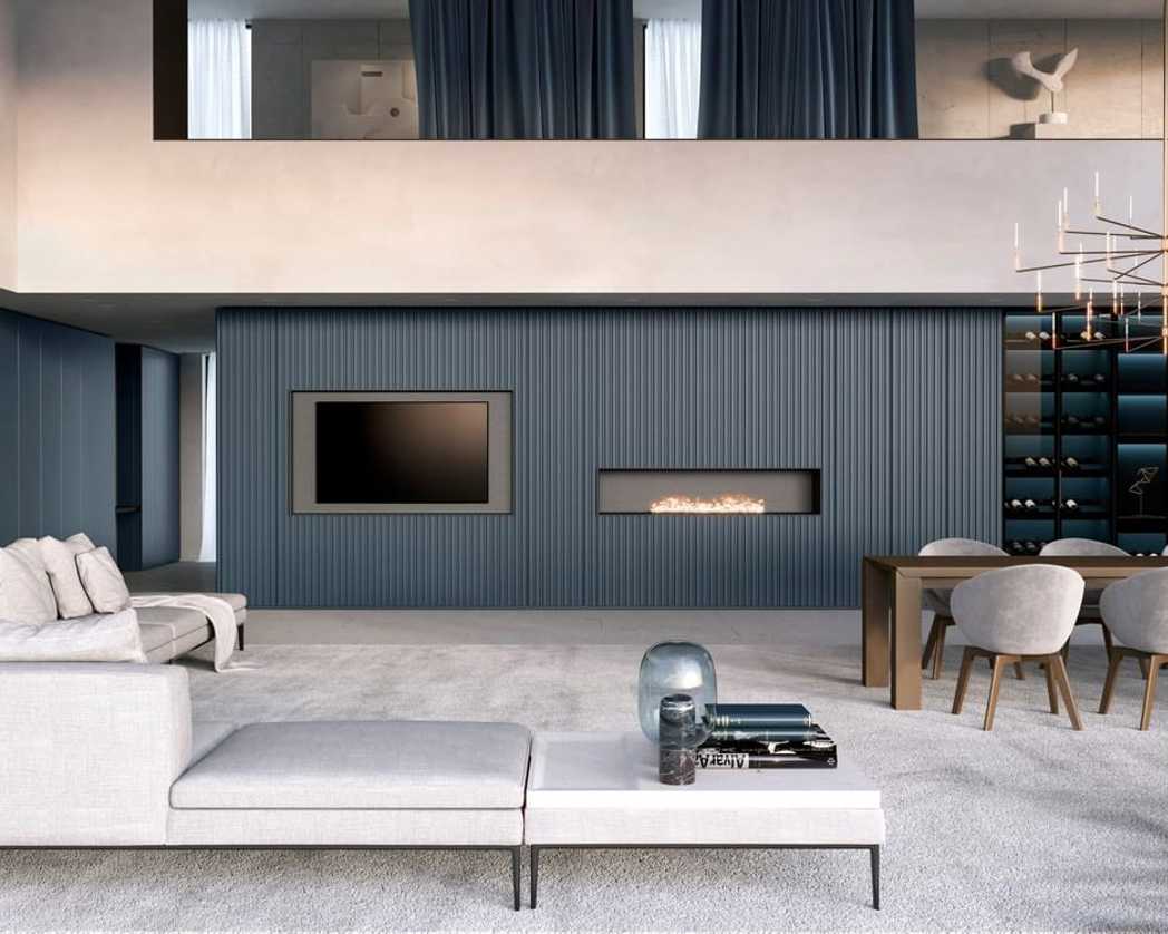 Open Concept Modern Living Room with built-in wall units.