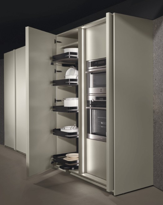 Open cabinet with modern kitchen cabinet hardware on display