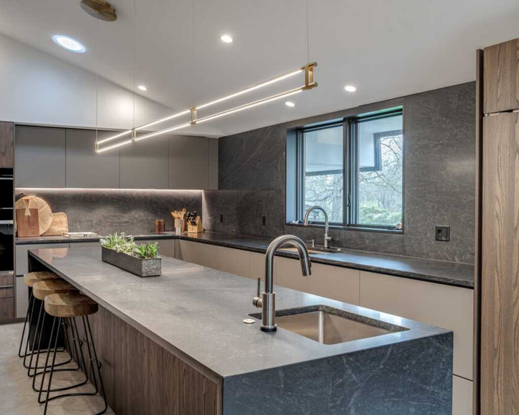 Modern kitchen remodel with a faucet in a kitchen island