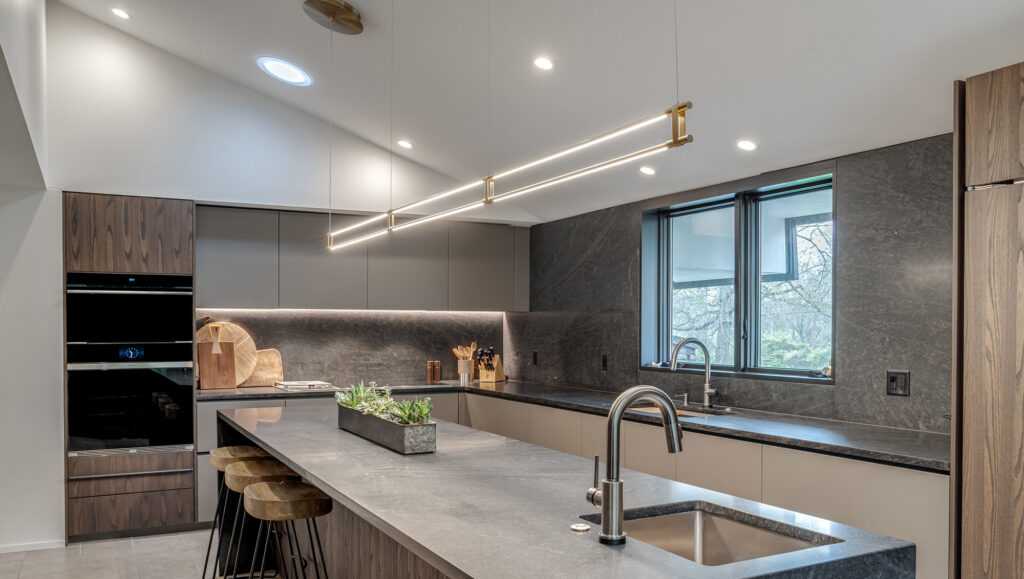 Modern kitchen remodel with a faucet in a kitchen island