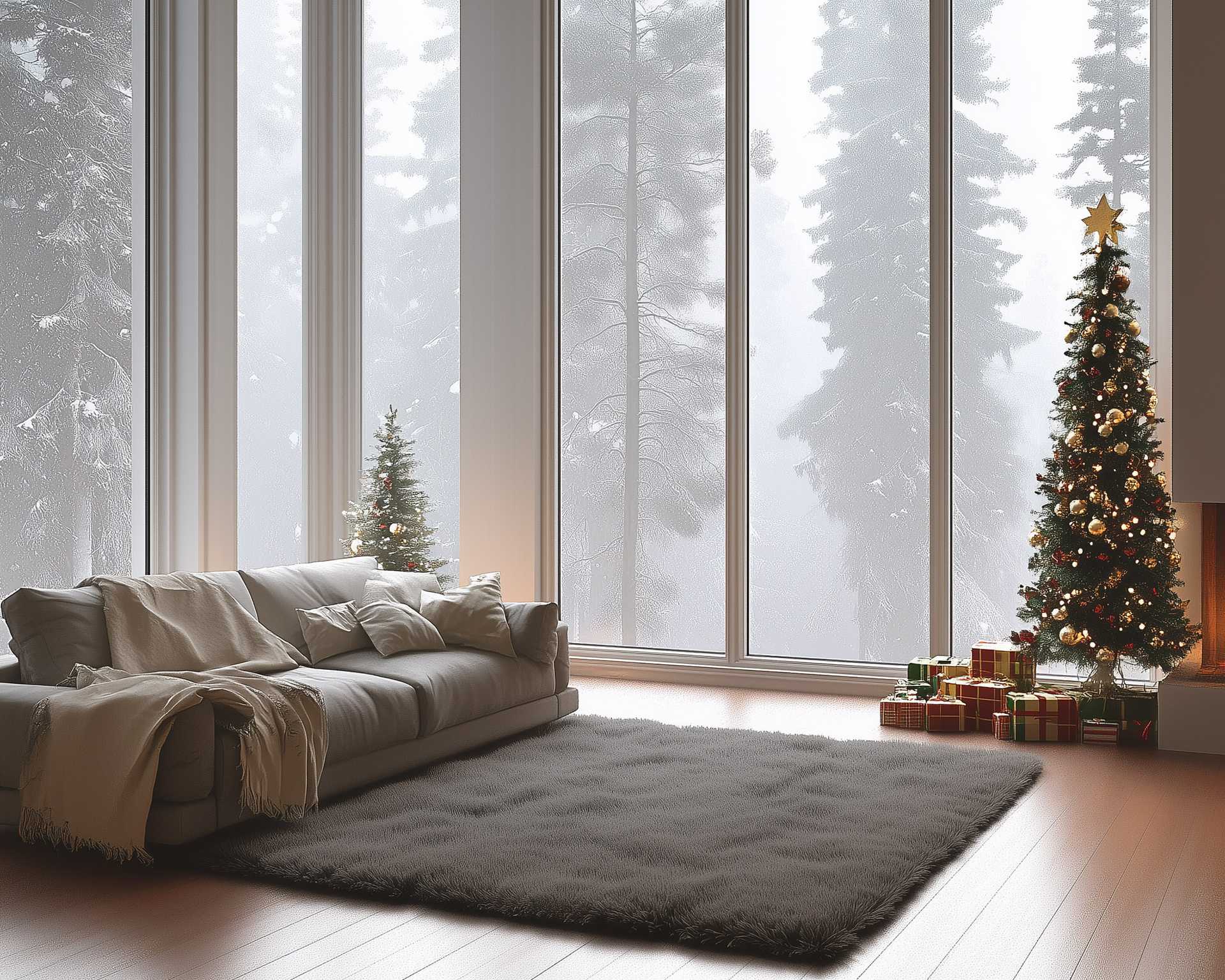 modern living room decorated for christmas