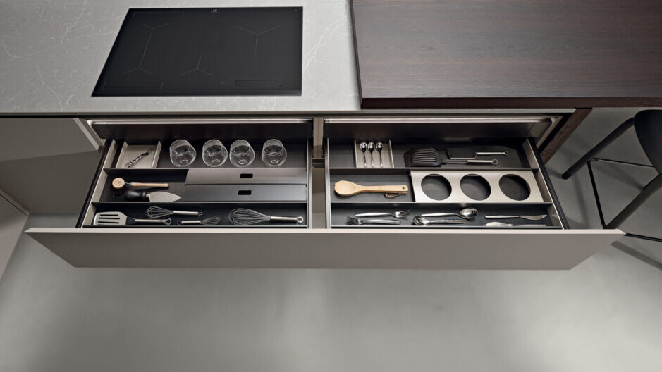 High quality, modern drawer system, opened to show the hardware and organization space inside.