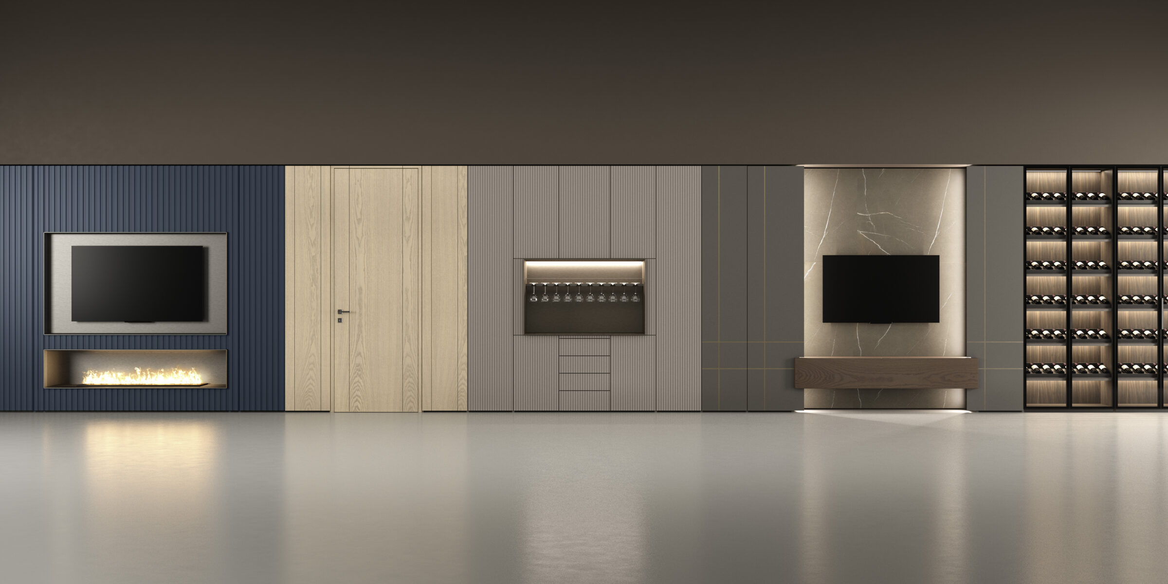 Built in Wall-units that contain wine storage, glasswares, and entertainment centers.