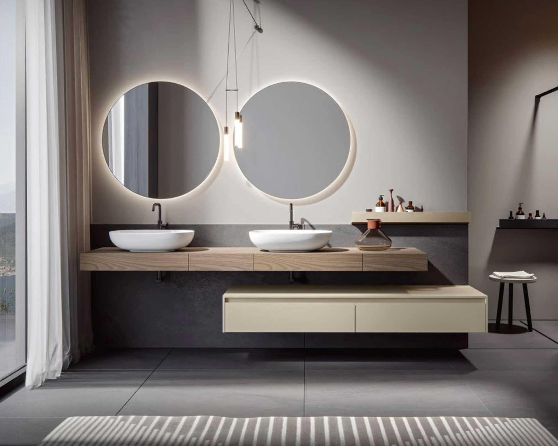 dark powder room with modern bathroom vanity