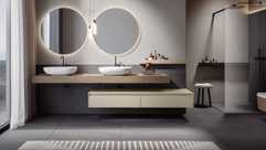 dark powder room with modern bathroom vanity